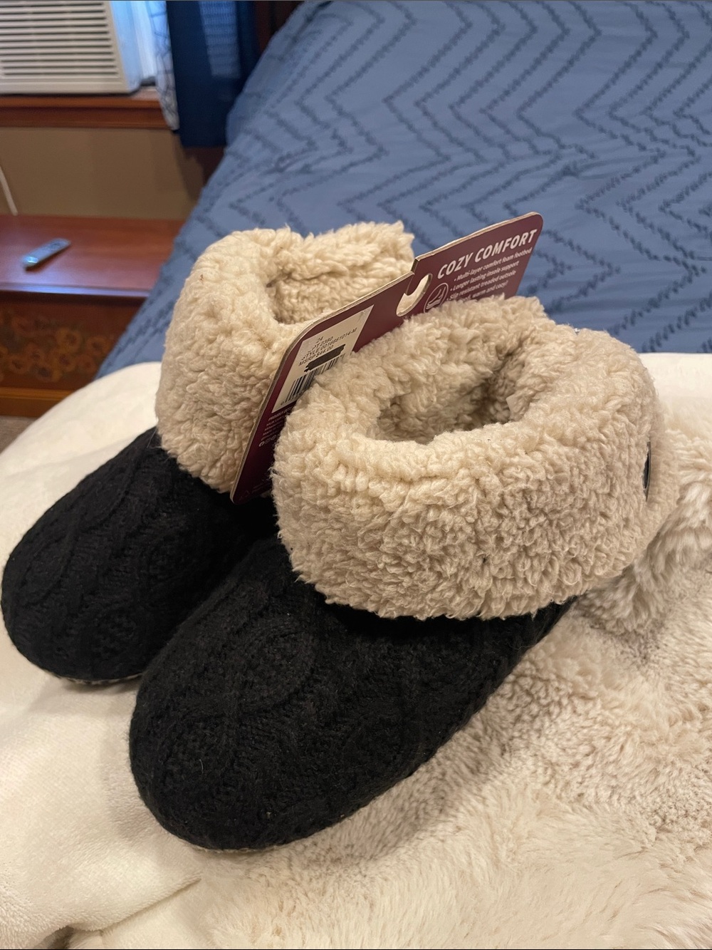 Muk Luks Black Knit Slipper Boot with Cream Sherpa Cuff